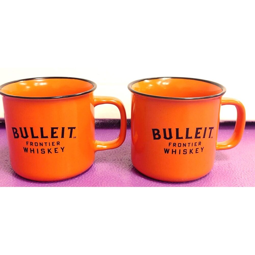 Bulleit Frontier Whiskey Orange Enamel Coffee Tea Cocoa Mug Set Of 2 - 12 Oz